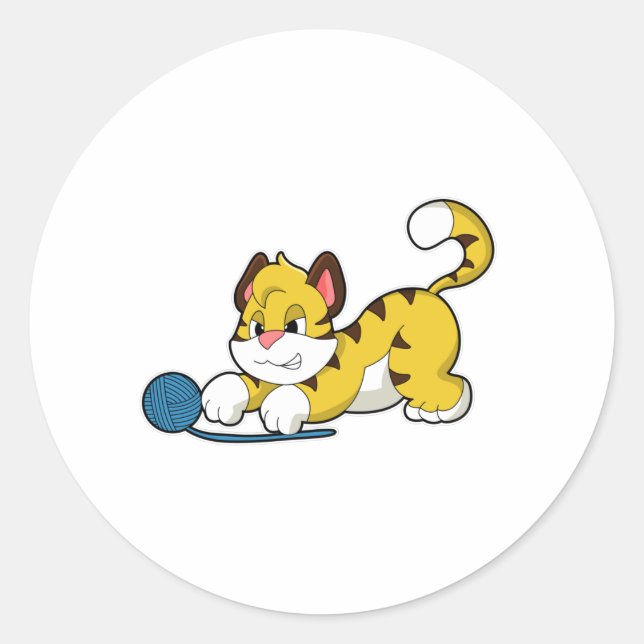 Pegatina Redonda Tigre con bola de hilados de Woll (Anverso)