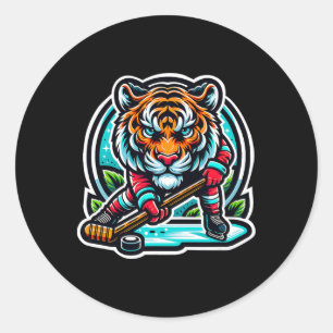 Pegatina Redonda Tigre de Hockey sobre Hielo Desata Tu Rugido