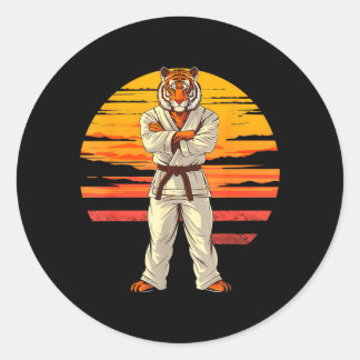 Pegatina Redonda Tigre de Karate Atardecer Jiu-Jitsu Taekwondo Mma