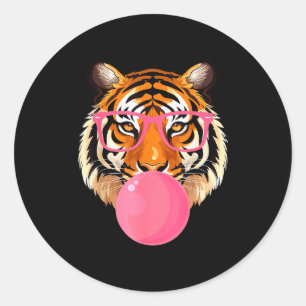 Pegatina Redonda Tigre Divertido Soplando Chicle Cara de Tigre Lind