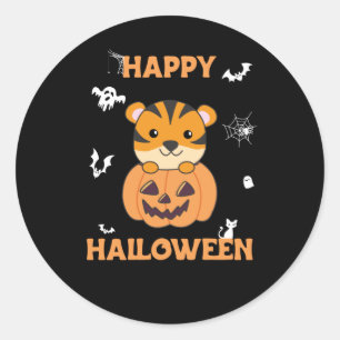 Pegatina Redonda Tigre en calabaza dulce Tigre feliz Halloween