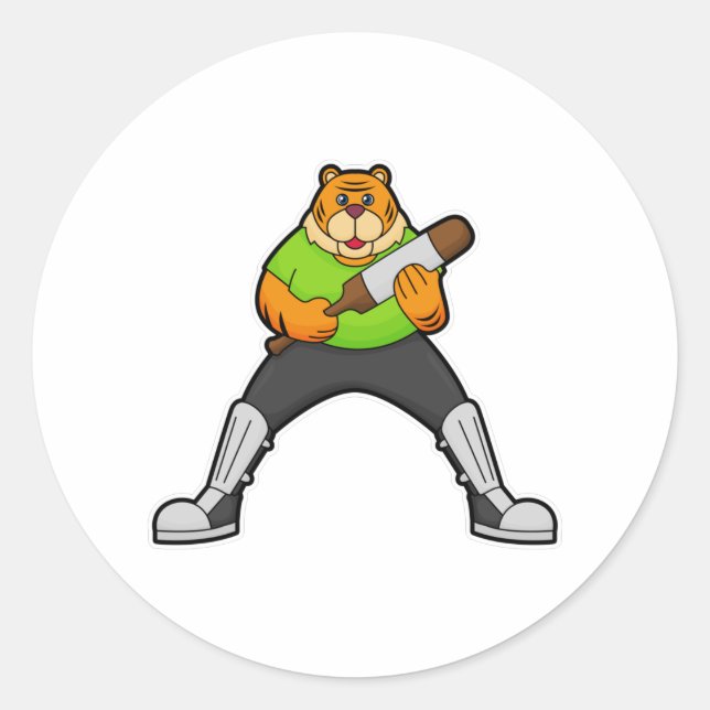 Pegatina Redonda Tigre en el críquet con bate de críquet (Anverso)
