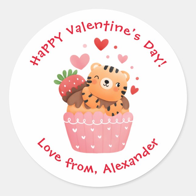 Pegatina Redonda Tigre lindo en El día de San Valentín de niños Per (Anverso)
