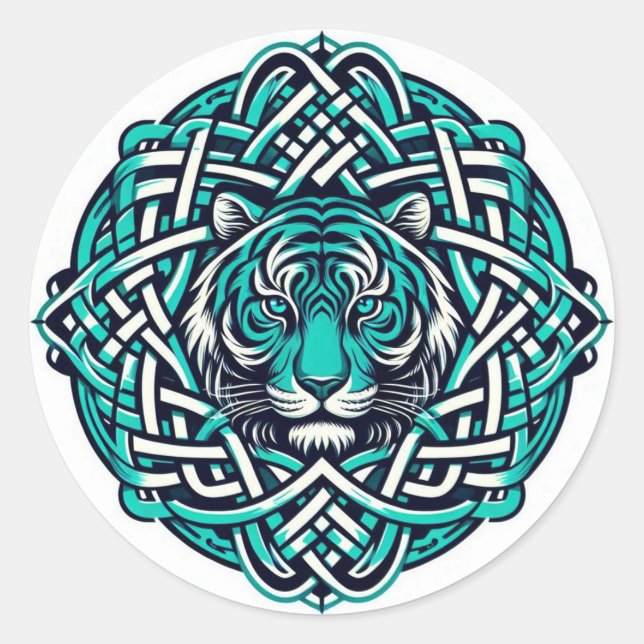 Pegatina Redonda Tigre Verde azulado de Ronda Celta (Anverso)