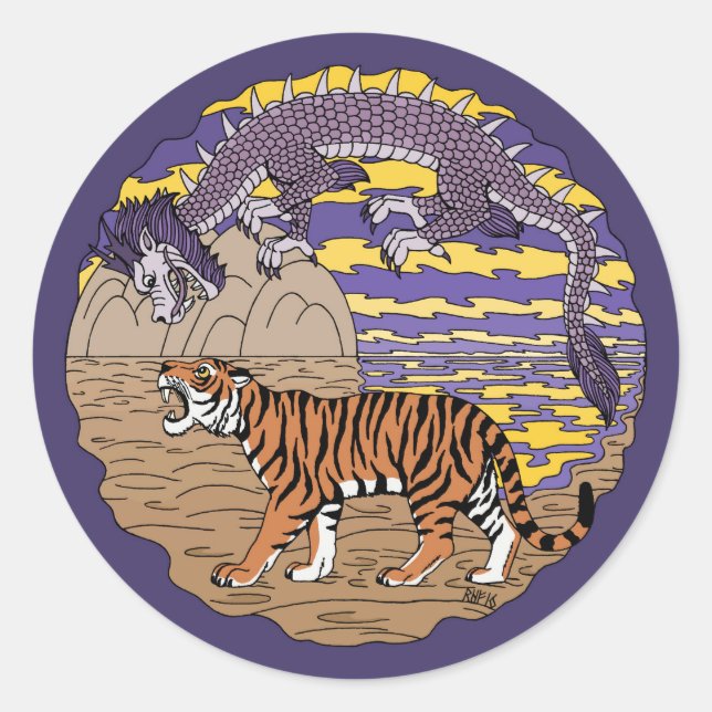 Pegatina Redonda Tigre y dragón (Anverso)