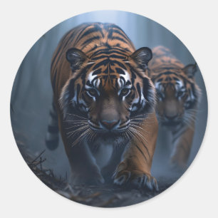 Pegatina Redonda Tigres majestuosos en una jungla niebla