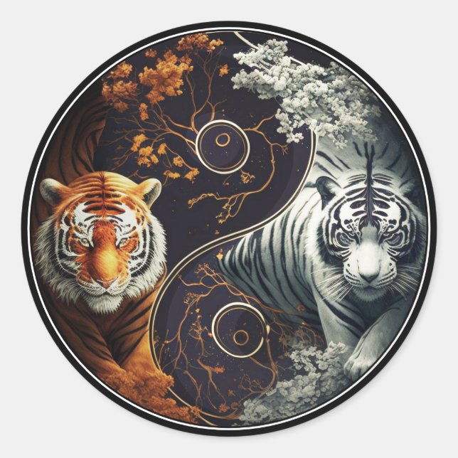 Pegatina Redonda Tigres Yin Yang (Anverso)