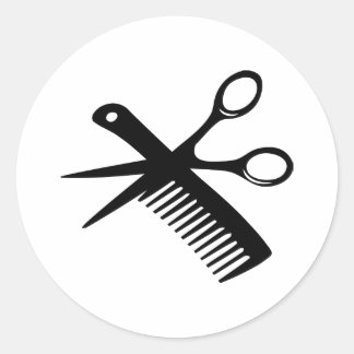 Pegatina Redonda tijeras comb. de peluquería negra