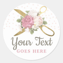 Pegatina Redonda Tijeras de coser de oro y Rosas florales chic Shab