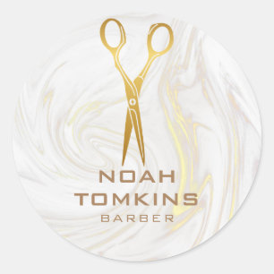 Pegatina Redonda Tijeras de oro Barber Marble Swirls