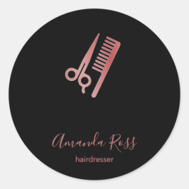 Pegatina Redonda Tijeras de oro Rosa y negro peine
