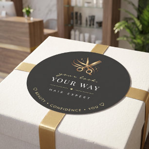 Pegatina Redonda Tijeras negras elegantes de oro para estilistas de