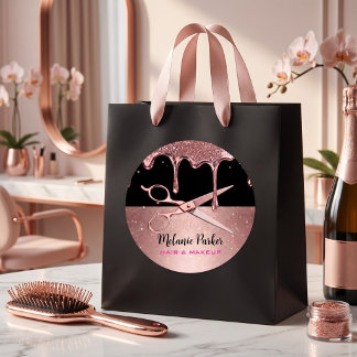 Pegatina Redonda Tijeras y Estilista de Pelo Drip Glitter Rosa Dora