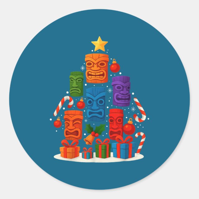 Pegatina Redonda Tiki Mask Luau Christmas Tree Hawaiian Xmas Hat Ha (Anverso)