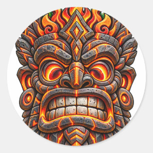 Pegatina redonda Tiki tallada en brasa