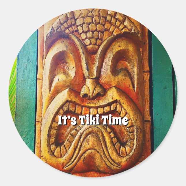 Pegatina Redonda Tiki Time Hawaii Fun Retro Tropical Face (Anverso)