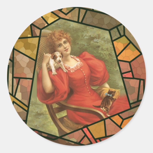Pegatina Redonda Tile Crackle - Dama en rojo (Anverso)