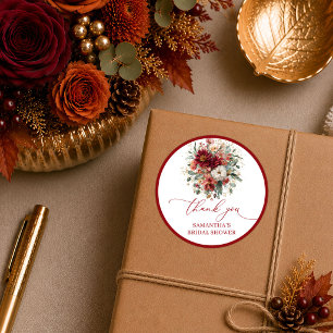 Pegatina Redonda Timeless burgundy floral otoño ducha de la novia e