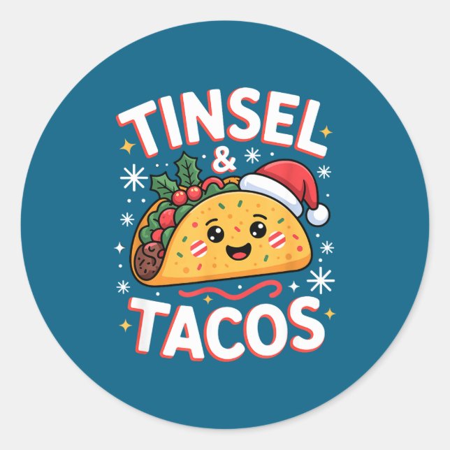 Pegatina Redonda Tinsel And Tacos Cute Christmas Mexican Food Fun  (Anverso)