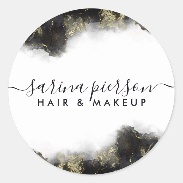 Pegatina Redonda Tinta Acuarela Líquida De Arte Moderno Negro Y Oro (Anverso)