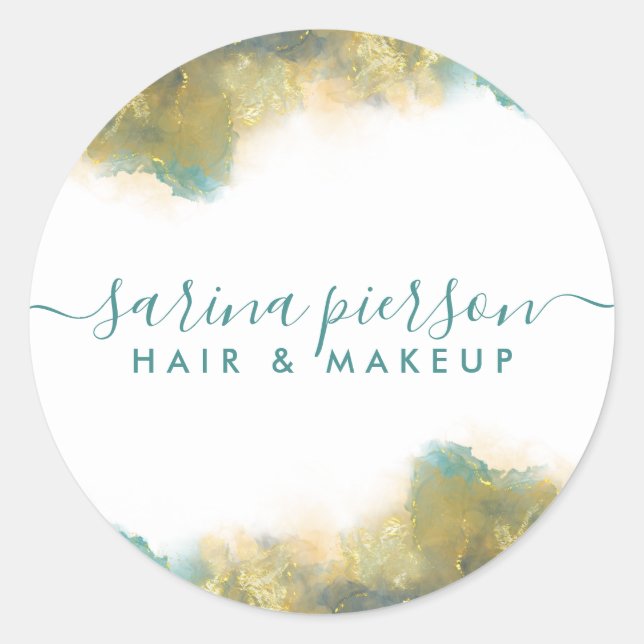 Pegatina Redonda Tinta De Acuarela Líquida De Arte Moderno verde az (Anverso)