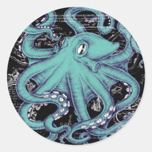 Pegatina Redonda Tinta de mapa Verde azulado octopus
