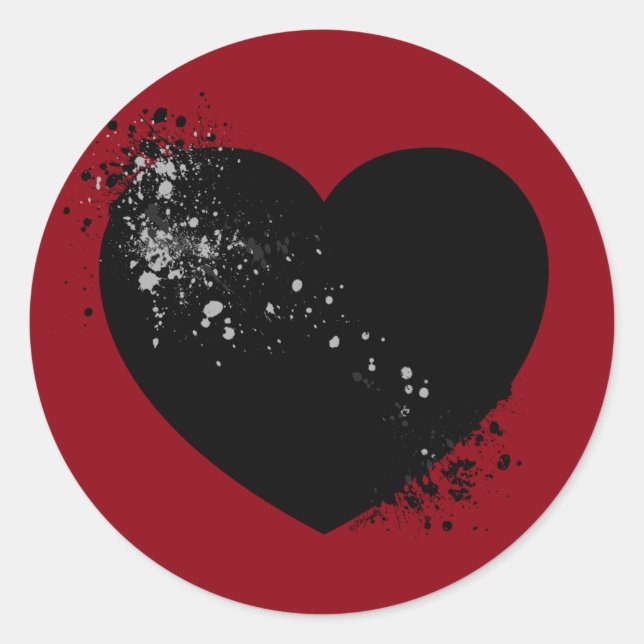 Pegatina Redonda Tinta salpicada de corazón negro. (Anverso)