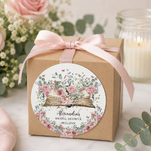 Pegatina Redonda Tinte Rosado Floral Libro Nuevo Capítulo Despedida