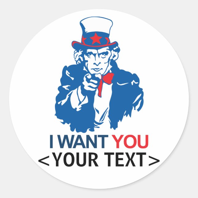 Pegatina Redonda TÍO personalizar SAM QUIERE QUE USTED,<YOUR TEXT> (Anverso)