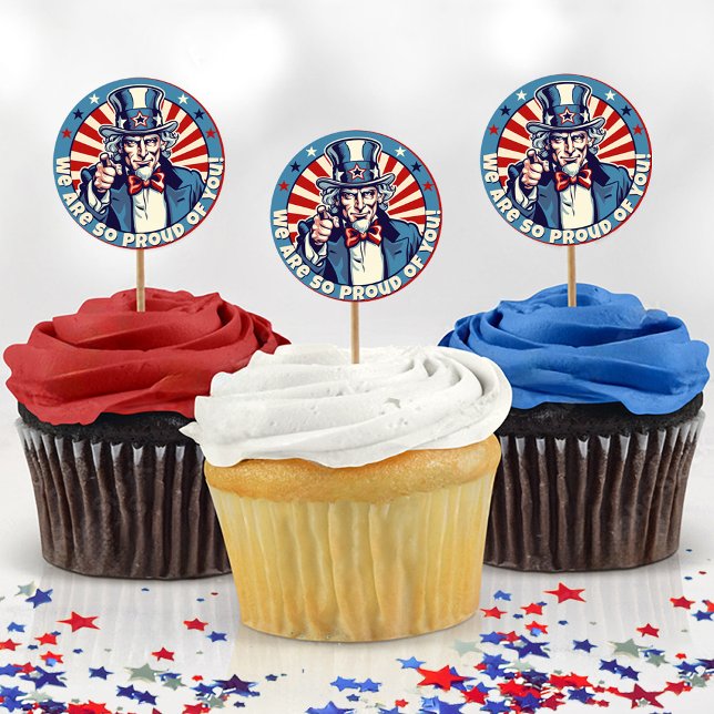 Pegatina Redonda Tío Sam Militares Se Van De La Torta Fiesta (Cute vintage uncle sam cartoon patriotic military proud YOU going away farewell party cupcake picks)