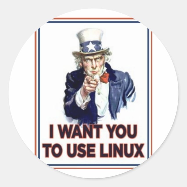 Pegatina Redonda Tío Sam: Usar Linux (Anverso)