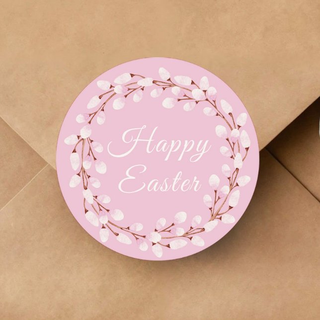 Pegatina Redonda Típico Willow Feliz Pascua Rosa (Cute Willow Happy Easter Pink Classic Round Sticker)