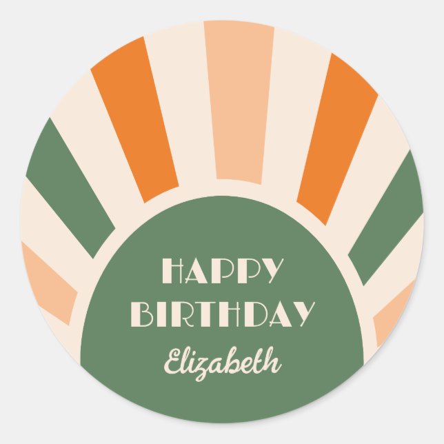 Pegatina Redonda Tipografía de arco de sol retro Cumpleaños Verde (Anverso)
