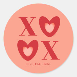 Pegatina Redonda Tipografía de corazones rojos y melocotón XOXO lin
