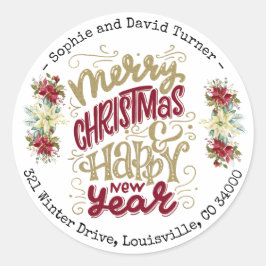 Pegatina Redonda Tipografía de Feliz Navidad y Año Nuevo Charm