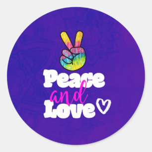 Pegatina Redonda Tipografía de paz y amor Signo de paz en mano arco