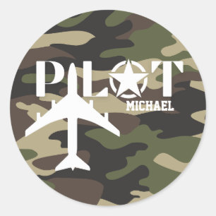 Pegatina Redonda Tipografía de piloto de camuflaje, personalizada