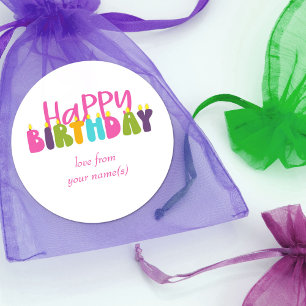 Pegatina Redonda Tipografía de vela colorida de cumpleaños feliz