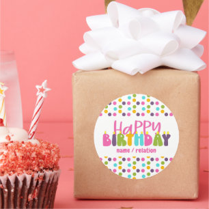 Pegatina Redonda Tipografía de vela colorida Feliz Cumpleaños Nombr