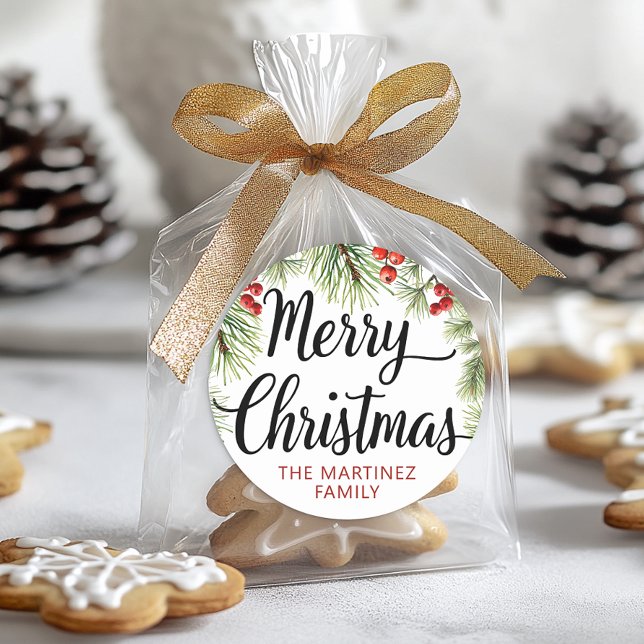 Pegatina Redonda Tipografía del guión navideño (Merry Christmas Gift Tag Sticker)