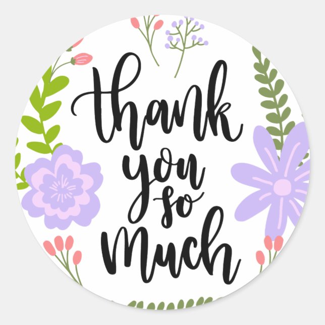 Pegatina Redonda Tipografía floral manuscrita corta Muchas gracias (Anverso)