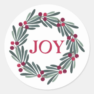 Pegatina Redonda Tipografía "JOY" Holly Berry Wreath Red