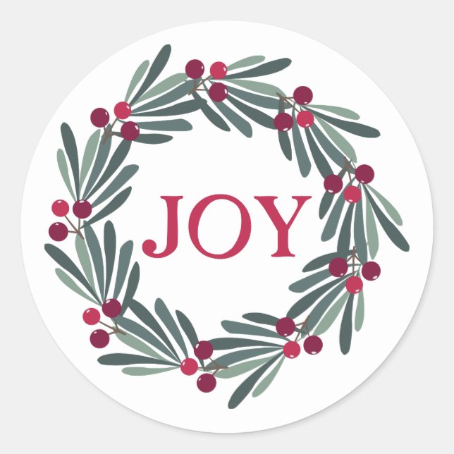 Pegatina Redonda Tipografía "JOY" Holly Berry Wreath Red (Anverso)