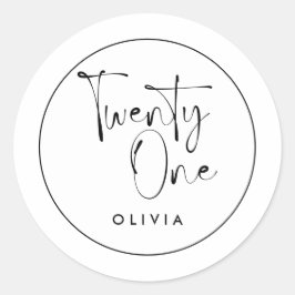 Pegatina Redonda Tipografía moderna en blanco negro 21 cumpleaños d