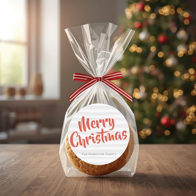 Pegatina Redonda Tipografía Navidades personalizados gris y Naranja (Typography Personalized Christmas Grey and Orange Classic Round Sticker by Ricaso. Ideal for gifting)