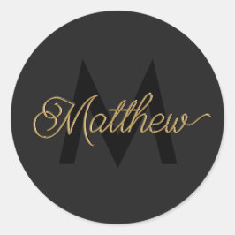 Pegatina Redonda Tipografía negra y dorada Añadir nombre y monogram