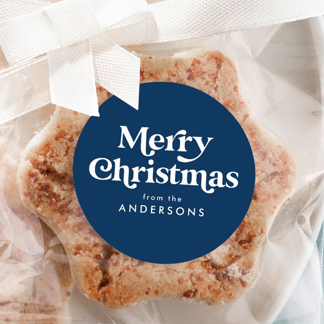 Pegatina Redonda Tipografía Retro Azul Marino Feliz Navidad (Subido por el creador)