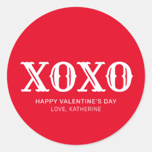 Pegatina Redonda Tipografía roja y blanca de XOXO el día de San Val