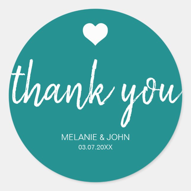 Pegatina Redonda Tipografía Verde azulada moderna Boda mínimo (Anverso)