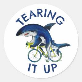 Pegatina Redonda Tirando Tiburón Azul Sobre Motivación De Bicicleta